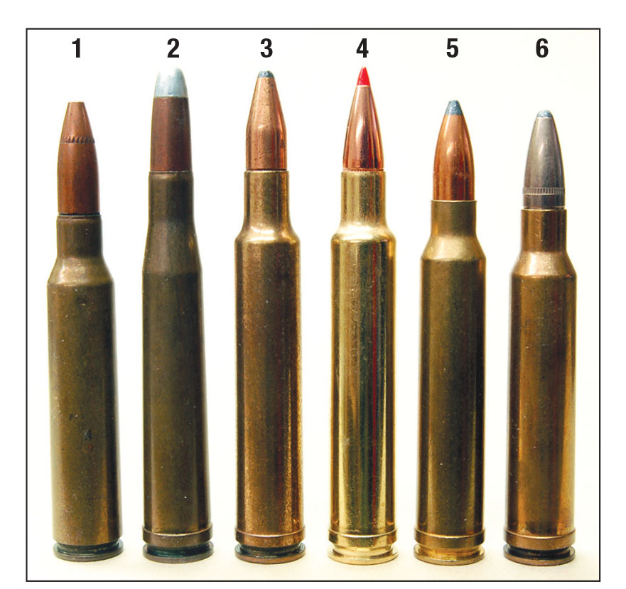 Large capacity .30-caliber factory rounds over the years include the (1) .30 Newton, (2) .300 H&H Magnum, (3) early .300 Weatherby Magnum, (4) current .300 Weatherby Magnum with Hornady InterBond, (5) .300 Winchester Magnum and  (6) .308 Norma Magnum.